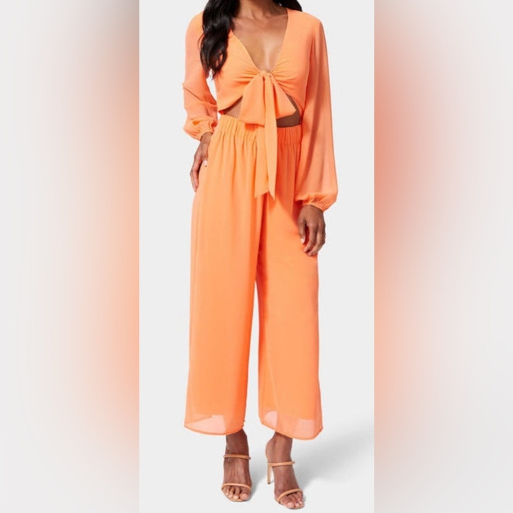 Bebe | Tie Front Elastic Waist Jumpsuit | Coverup | Cropped | Coral | Women’s L